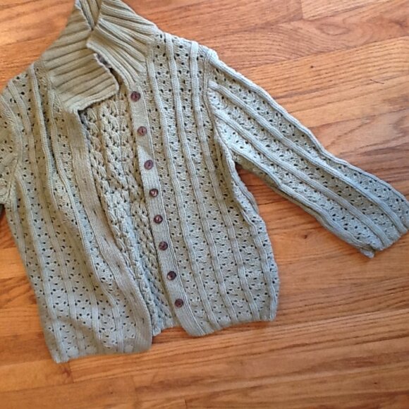 Light Green Crocheted Cardigan with Wooden Style Buttons - Picture 2 of 4